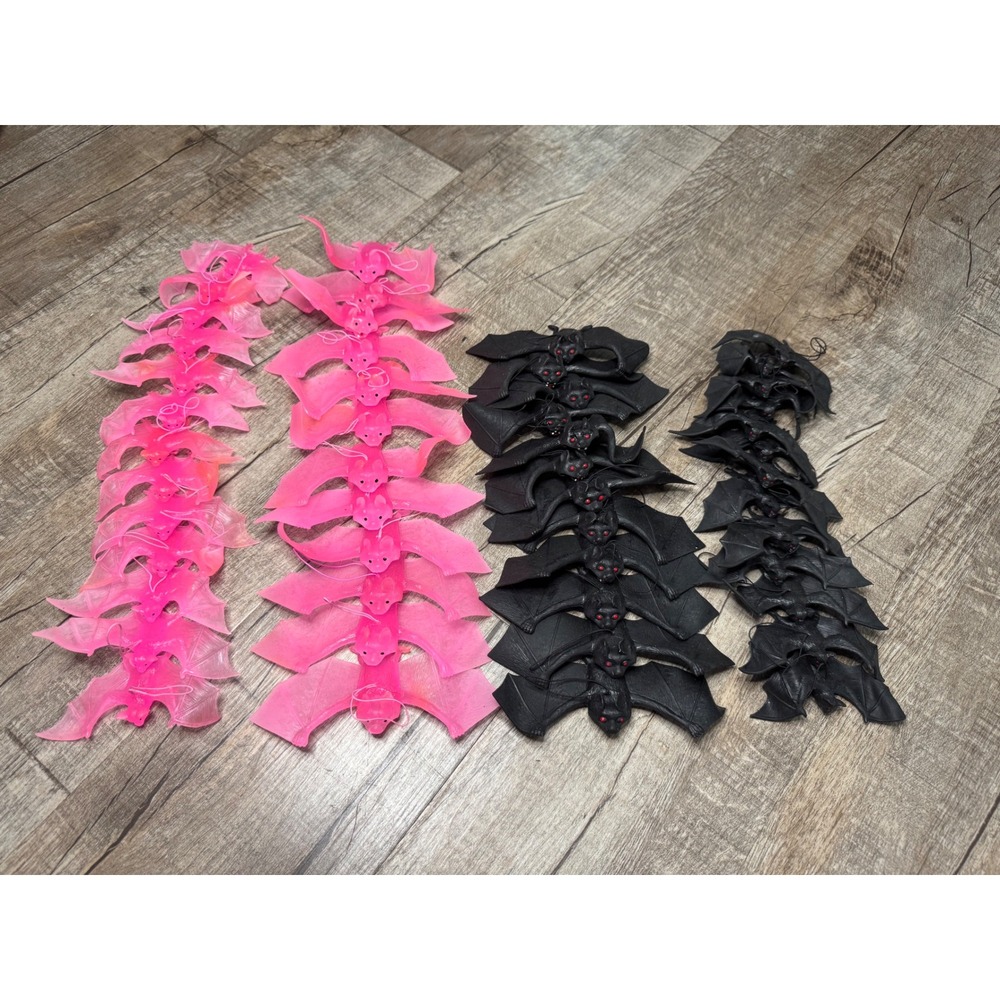Rubber Halloween Bat Decorations Bulk Set Pink and Black Hanging Bats 50pc